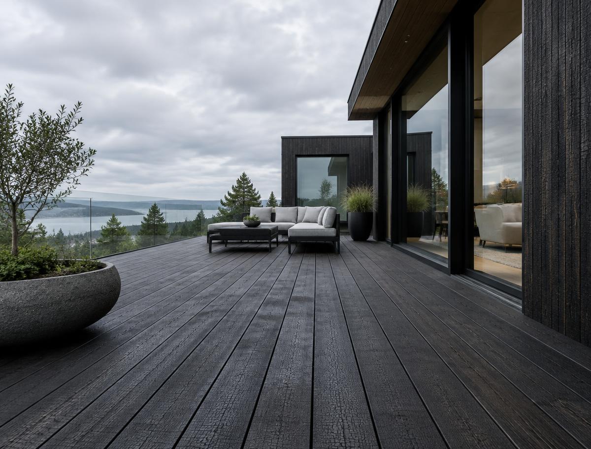 Charred timber decking on a contemporary terrace