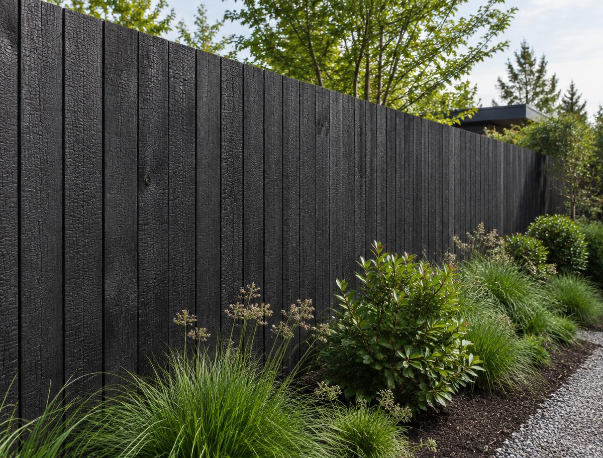 Garden fence made from charred timber boards