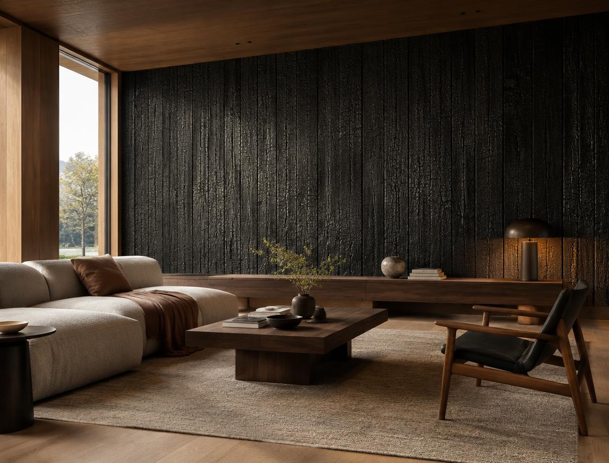 Interior feature wall clad in charred timber